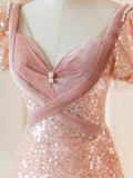 solvbao Pink Sequins Long Prom Dress, Lovely A-Line Short Sleeve Evening Party Dress