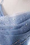 solvbao Blue Tulle Long A-Line Prom Dresses, Blue Spaghetti Strap Evening Dresses