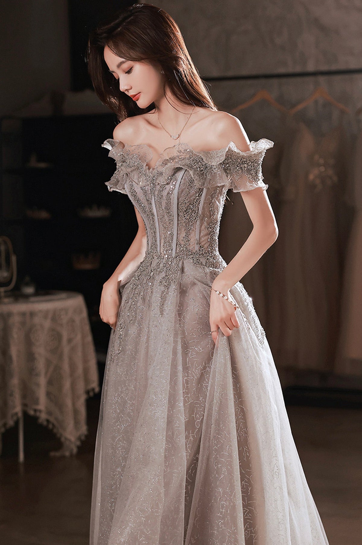 solvbao Gray Tulle Sequins Long Prom Dresses, A-Line Off the Shoulder Evening Dresses