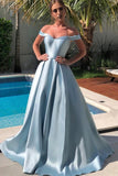 solvbao Blue Satin Long Prom Dresses, Off the Shoulder Evening Dresses