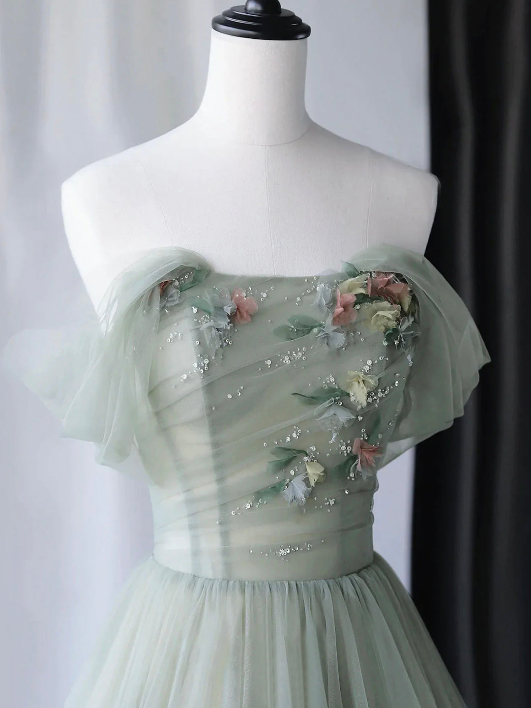 solvbao Beautiful Green Tulle Long Prom Dress, Off Shoulder Evening Dress