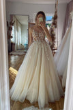 solvbao Champagne Tulle Lace Long Prom Dresses, A-Line Evening Dresses with Feather