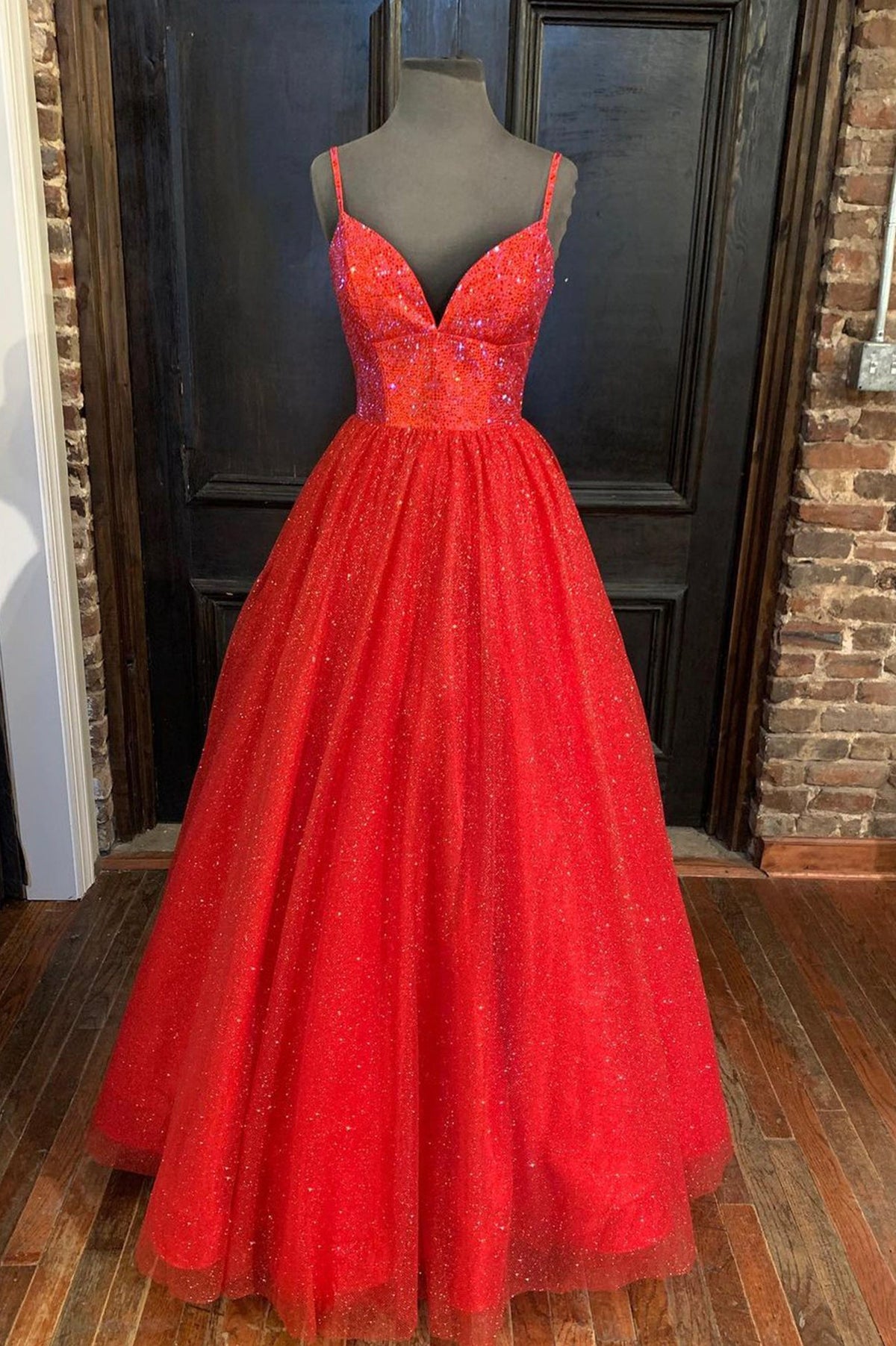 solvbao Red Tulle Beading Long Prom Dresses, A-Line Evening Party Dresses