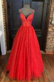 solvbao Red Tulle Beading Long Prom Dresses, A-Line Evening Party Dresses