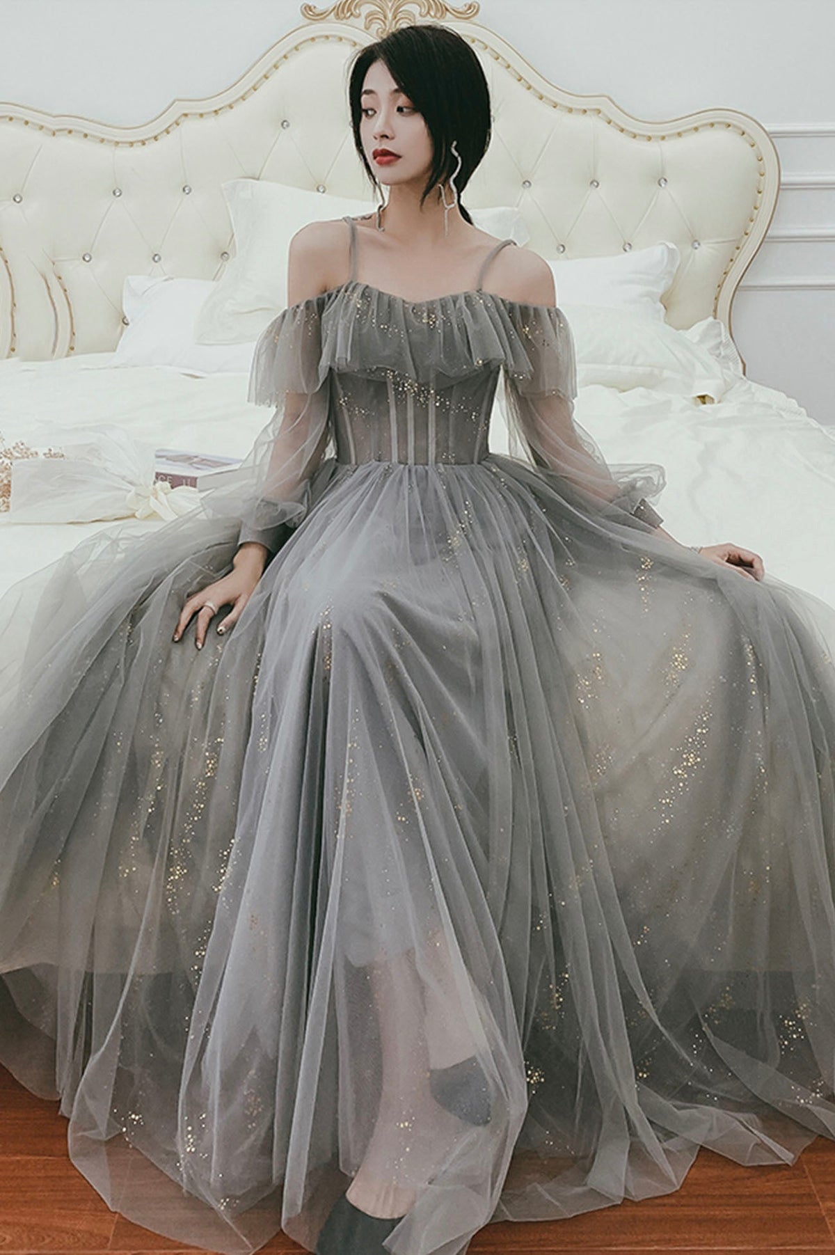 solvbao Gray Tulle Sequins Long Prom Dresses, A-Line Evening Dresses