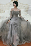 solvbao Gray Tulle Sequins Long Prom Dresses, A-Line Evening Dresses