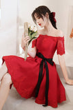 solvbao Red Satin Lace Short Prom Dresses, A-Line Evening Party Dresses