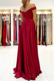 solvbao Burgundy Satin Long Prom Dresses, A-Line Off the Shoulder Evening Dresses