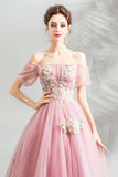 solvbao Pink Tulle Lace Long A-Line Prom Dresses, Pink Evening Dresses