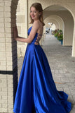 solvbao Blue Satin Long Prom Dresses, A-Line Backless Evening Dresses with Pockets