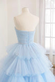 solvbao Blue Layers Tulle Long Prom Dresses, A-Line Strapless Evening Dresses