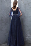 solvbao Blue V-Neck Tulle Long Prom Dresses, A-Line Evening Dresses