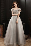 solvbao Grey Tulle Long Prom Dresses, A-Line Off the Shoulder Prom Dresses