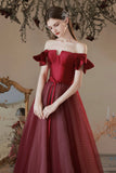 solvbao Burgundy Satin Tulle Long Prom Dress, A-Line Evening Dress