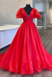 solvbao Red Organza Long A-Line Prom Dress, Beautiful V-Neck Evening Dress