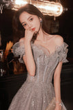 solvbao Gray Tulle Sequins Long Prom Dresses, A-Line Off the Shoulder Evening Dresses