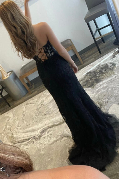 solvbao Black Lace Long Prom Dress with Slit, Black Strapless Evening Party Dress