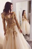 solvbao Gold Sequins Long A-Line Prom Dresses, Long Sleeve Evening Dresses