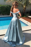 solvbao Blue Satin Long Prom Dresses, Off the Shoulder Evening Dresses