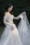 solvbao Ivory Tulle Long Sleeve Prom Dress, A-Line Evening Dress with Butterfly