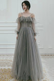 solvbao Gray Tulle Sequins Long Prom Dresses, A-Line Evening Dresses