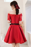 solvbao Red Satin Lace Short Prom Dresses, A-Line Evening Party Dresses