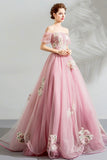 solvbao Pink Tulle Lace Long A-Line Prom Dresses, Pink Evening Dresses