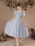 solvbao Gray Tulle Pearl Short Prom Dress, Cute Short Sleeve Party Dress