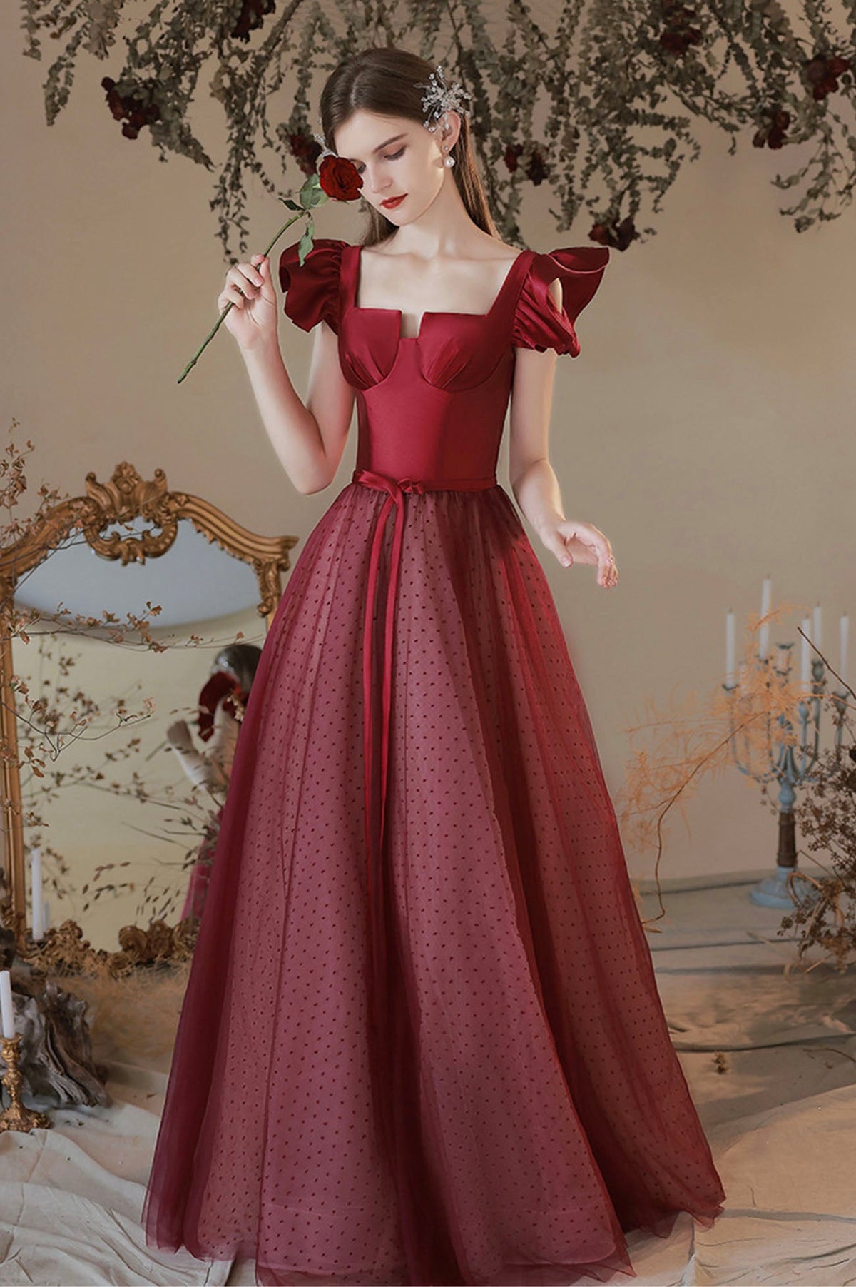 solvbao Burgundy Satin Tulle Long Prom Dress, A-Line Evening Dress