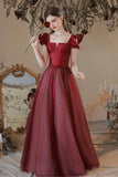 solvbao Burgundy Satin Tulle Long Prom Dress, A-Line Evening Dress