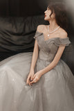 solvbao Grey Tulle Long Prom Dresses, A-Line Off the Shoulder Prom Dresses