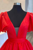 solvbao Red Organza Long A-Line Prom Dress, Beautiful V-Neck Evening Dress