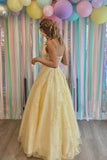 solvbao Yellow V-Neck Lace Long Prom Dress, A-Line Backless Evening Dress