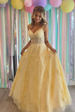 solvbao Yellow V-Neck Lace Long Prom Dress, A-Line Backless Evening Dress