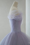 solvbao Purple Tulle Short Prom Dress, A-Line Off the Shoulder Party Dress