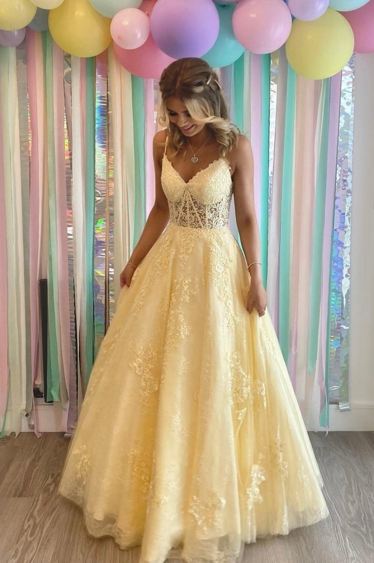 solvbao Yellow V-Neck Lace Long Prom Dress, A-Line Backless Evening Dress