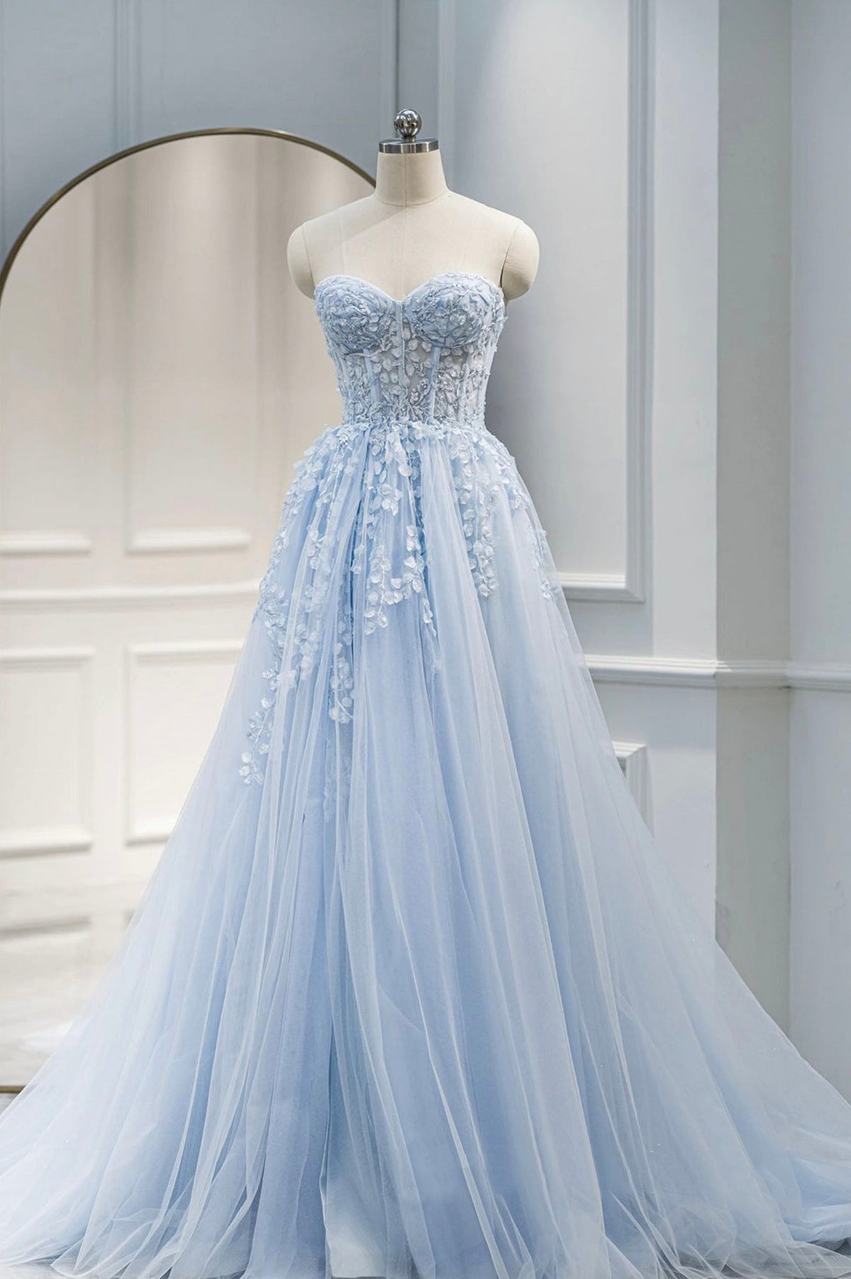 solvbao Blue Sweetheart Neck Lace Floor Length Prom Dress, Lovely Blue Evening Dress