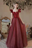 solvbao Burgundy Satin Tulle Long Prom Dress, A-Line Evening Dress