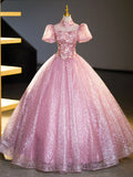 solvbao Pink Tulle and Lace Long Prom Dress with Sequins, Beautiful A-Line Sweet 16 Dress