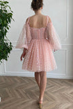 solvbao Pink Tulle Short Prom Dresses, Cute Puff Sleeved Mini Party Dresses