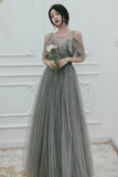 solvbao Gray Tulle Sequins Long Prom Dresses, A-Line Evening Dresses