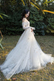 solvbao Ivory Tulle Long Sleeve Prom Dress, A-Line Evening Dress with Butterfly