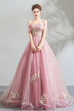 solvbao Pink Tulle Lace Long A-Line Prom Dresses, Pink Evening Dresses