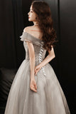 solvbao Grey Tulle Long Prom Dresses, A-Line Off the Shoulder Prom Dresses