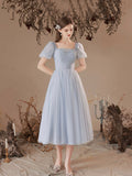 solvbao Gray Tulle Pearl Short Prom Dress, Cute Short Sleeve Party Dress