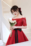 solvbao Red Satin Lace Short Prom Dresses, A-Line Evening Party Dresses