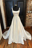 solvbao White Satin Long Prom Dresses, A-Line Evening Dresses