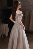 solvbao Gray Tulle Sequins Long Prom Dresses, A-Line Off the Shoulder Evening Dresses