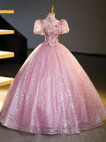 solvbao Pink Tulle and Lace Long Prom Dress with Sequins, Beautiful A-Line Sweet 16 Dress