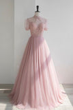 solvbao Pink Tulle Beading Long Prom Dresses, Lovely A-Line Evening Party Dresses